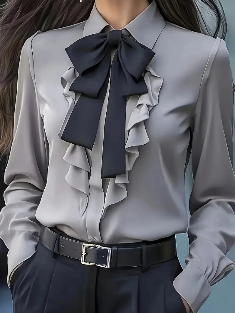 New Autumn Solid Color Lace-up Bow Ruffle Design Shirt For Women Vintage Long Sleeve Blouse White Shirt Autumn Female Clothing