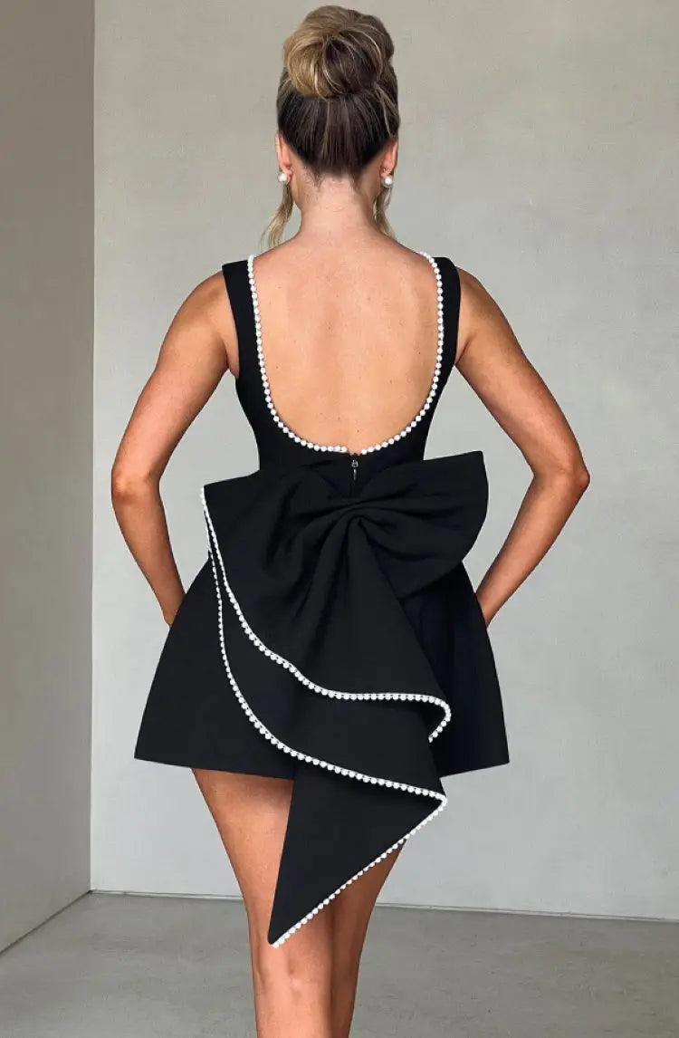 Chic Pearl Bow Short Dress for Women Backless Casual Mini Dresses White Black Pink Wedding Guest Summer Bridesmaid Robe Birthday
