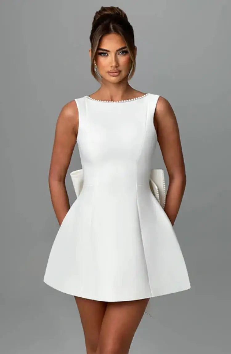 Chic Pearl Bow Short Dress for Women Backless Casual Mini Dresses White Black Pink Wedding Guest Summer Bridesmaid Robe Birthday
