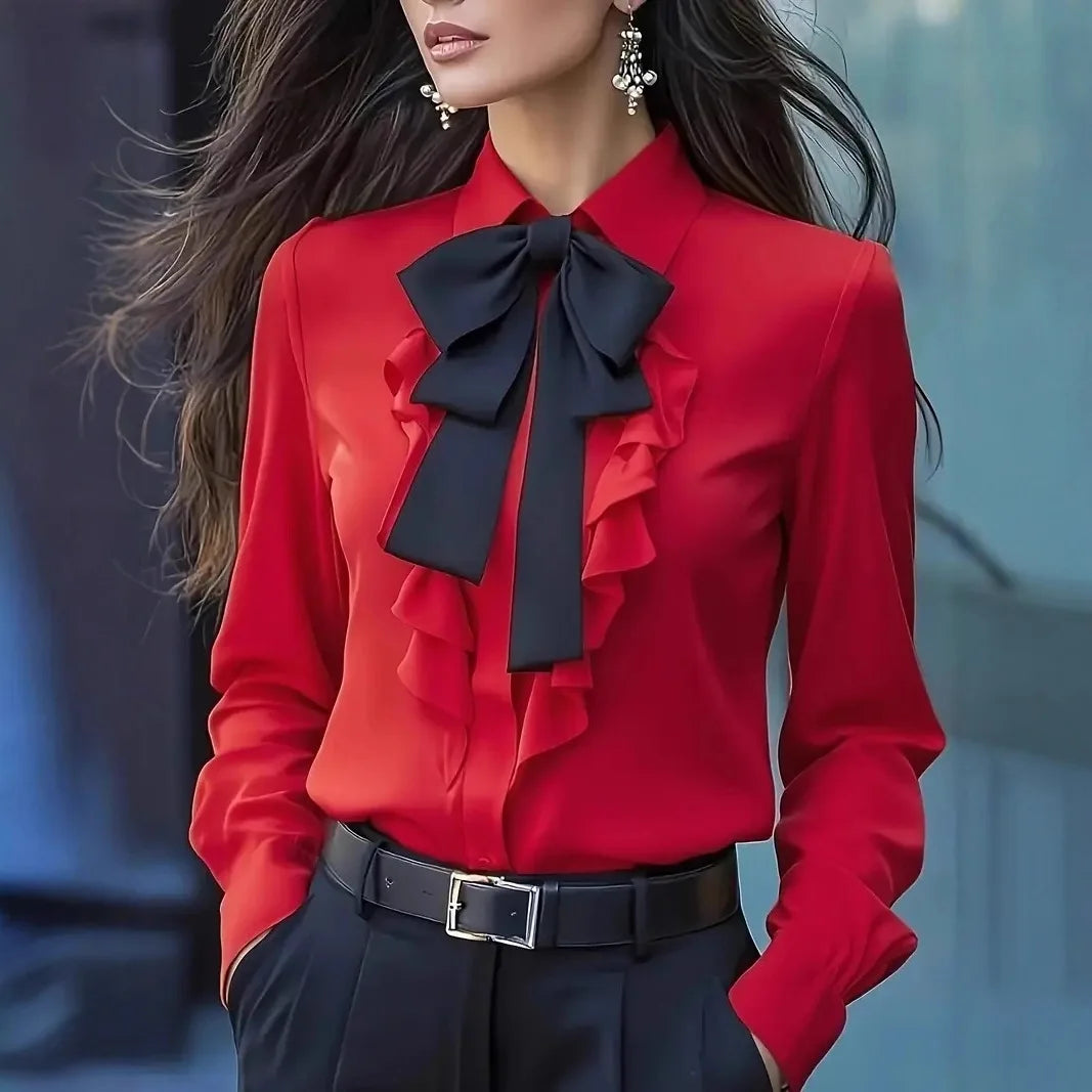 New Autumn Solid Color Lace-up Bow Ruffle Design Shirt For Women Vintage Long Sleeve Blouse White Shirt Autumn Female Clothing