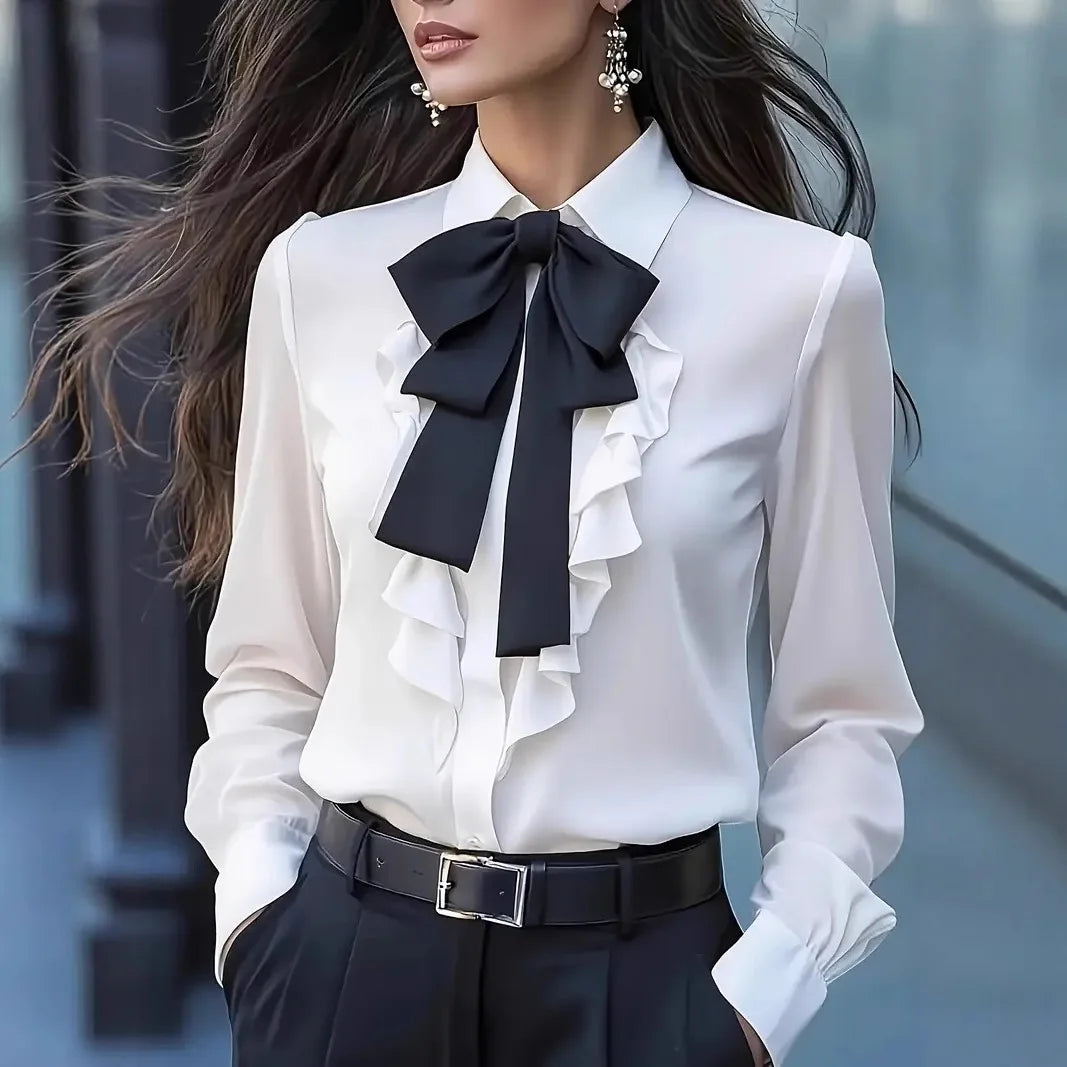 New Autumn Solid Color Lace-up Bow Ruffle Design Shirt For Women Vintage Long Sleeve Blouse White Shirt Autumn Female Clothing
