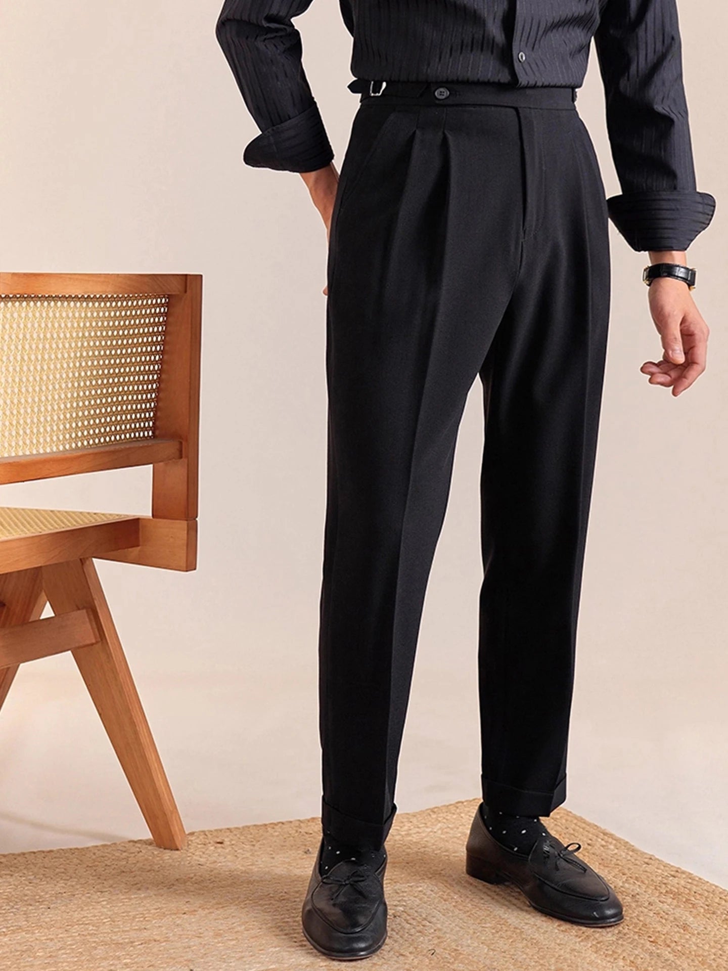 Italian British Style Men's Business Casual Double Pleat Paris Buttoning No Ironing Needed Naples High Waist Loose Fit Long P...