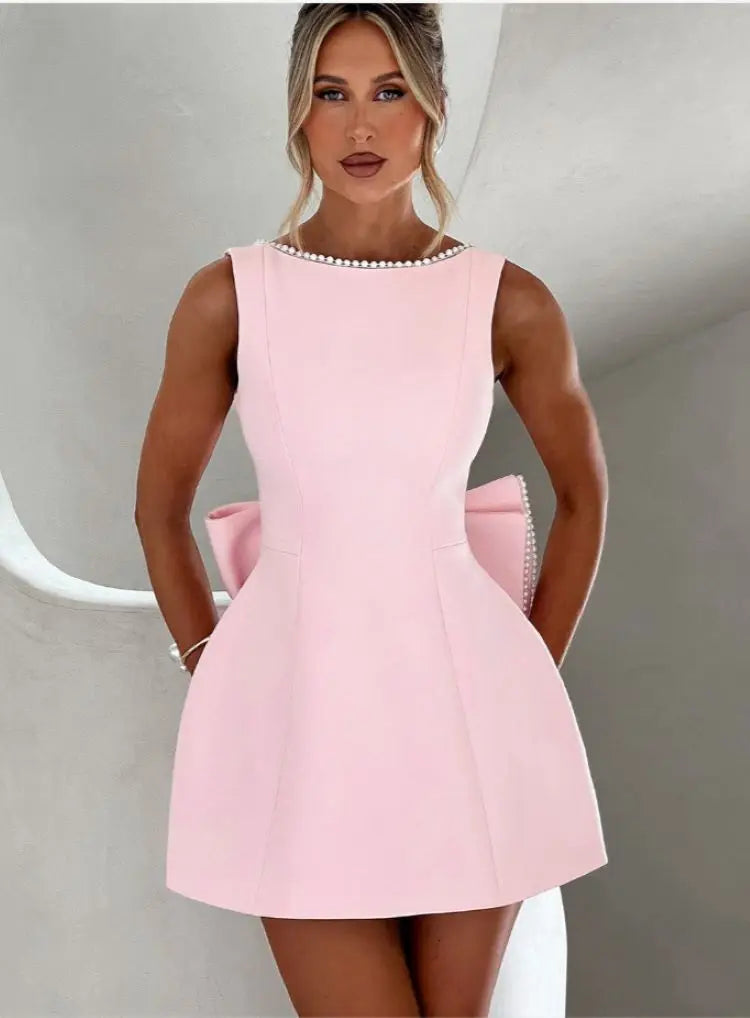 Chic Pearl Bow Short Dress for Women Backless Casual Mini Dresses White Black Pink Wedding Guest Summer Bridesmaid Robe Birthday