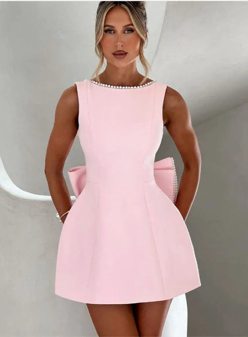 Chic Pearl Bow Short Dress for Women Backless Casual Mini Dresses White Black Pink Wedding Guest Summer Bridesmaid Robe Birthday