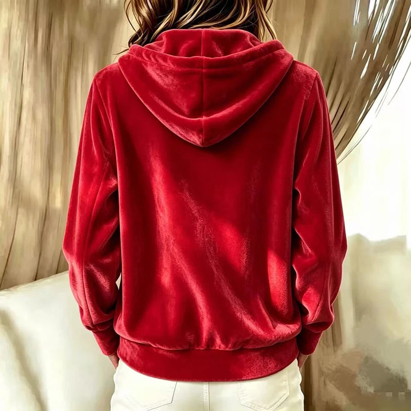 Autumn Winter Velvet Hoodies Sweatshirt Women Jacket Coat Red Button Cardigan Female Casual Long Sleeve Hooded Coats