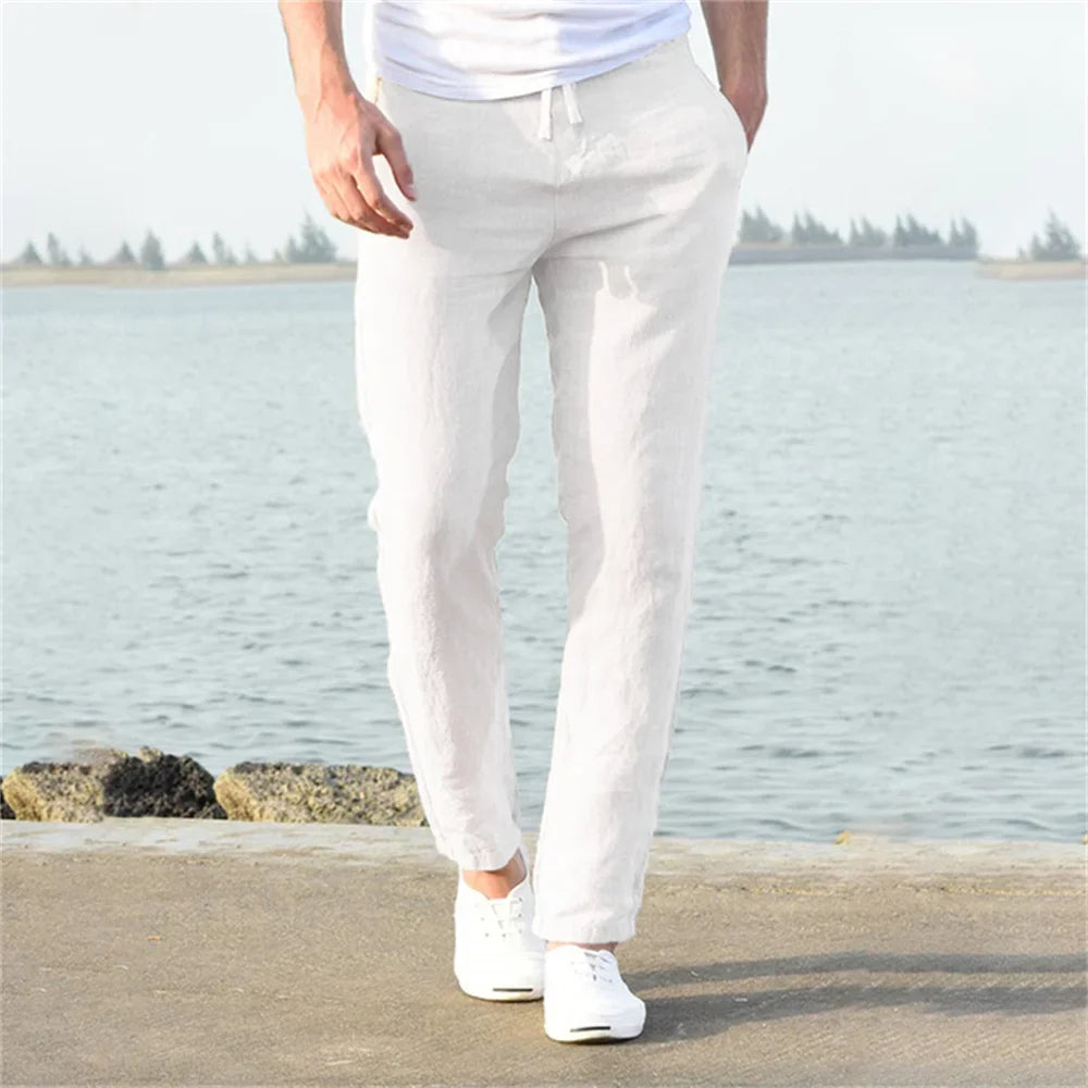 2025 Men's Stand Pocket Casual Linen Pants Solid White Gray Trouser Plus Size 3xl Mens Elegant Fashion Sweatpants Men Streetwear