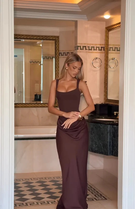 Sexy Solid Pleated Sling Dress Women Square Neck Sleeveless Off-shoulder Waist Cinching Slim Dresses Lady Evening Party Gowns
