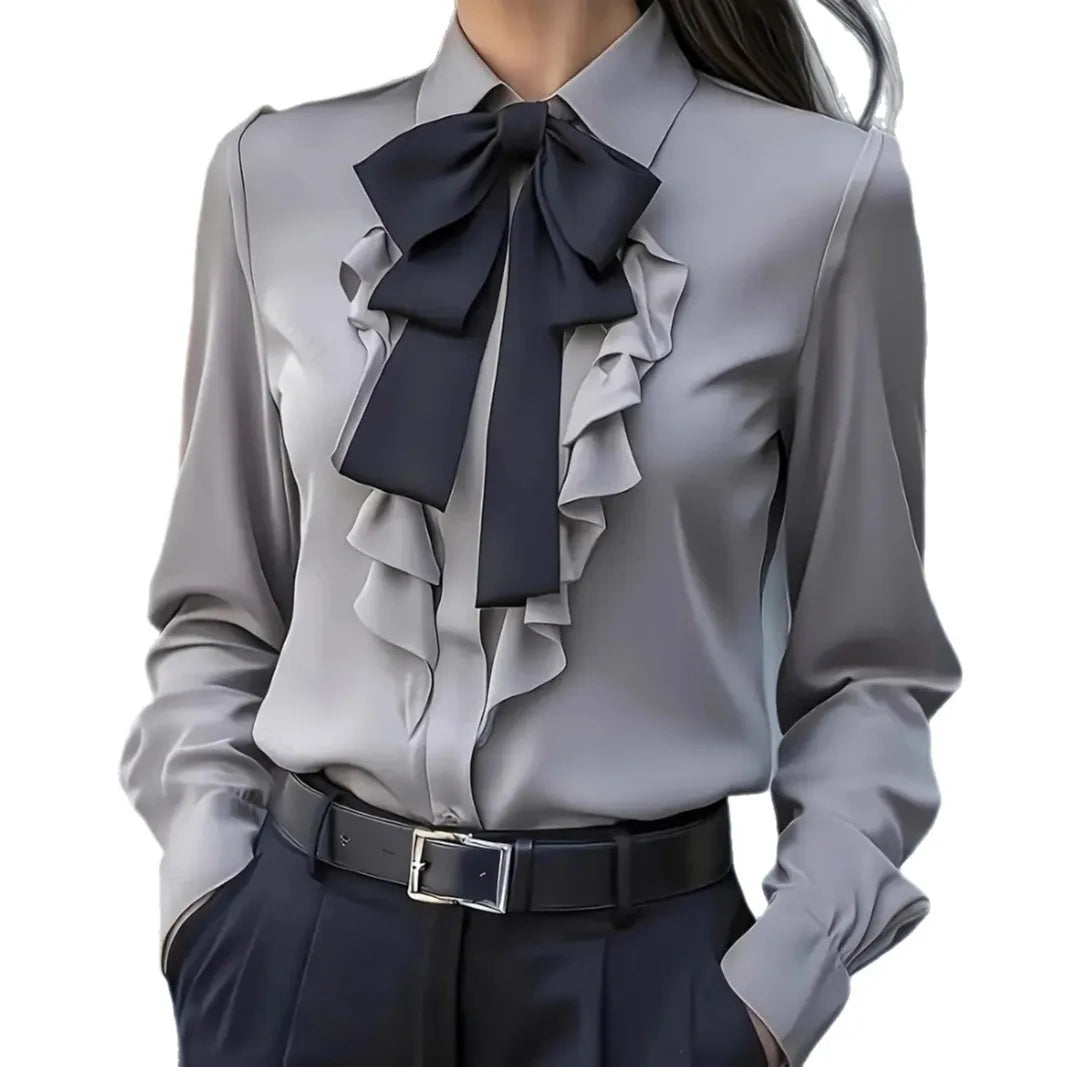 New Autumn Solid Color Lace-up Bow Ruffle Design Shirt For Women Vintage Long Sleeve Blouse White Shirt Autumn Female Clothing