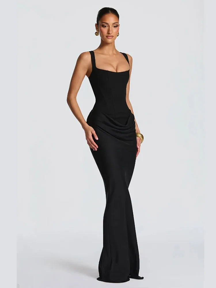 Sexy Solid Pleated Sling Dress Women Square Neck Sleeveless Off-shoulder Waist Cinching Slim Dresses Lady Evening Party Gowns