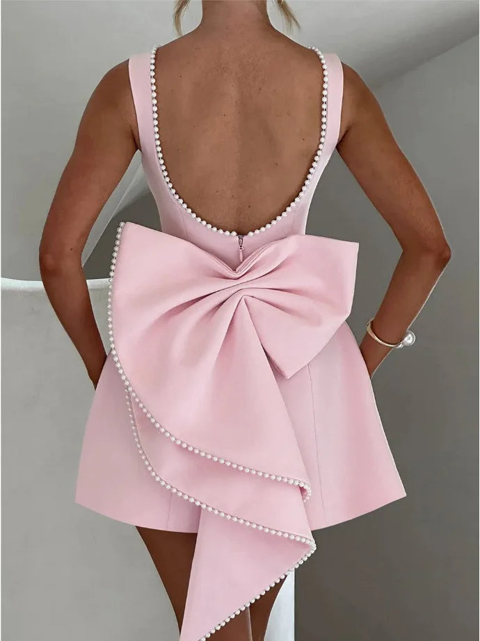 Chic Pearl Bow Short Dress for Women Backless Casual Mini Dresses White Black Pink Wedding Guest Summer Bridesmaid Robe Birthday