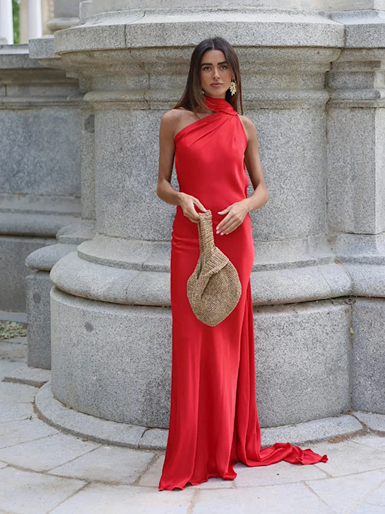Satin Ribbon Long Dresses Women's Backless Casual Silk Dress Evening Wedding Guest Blue Green Black Yellow Red Pink Summer Prom