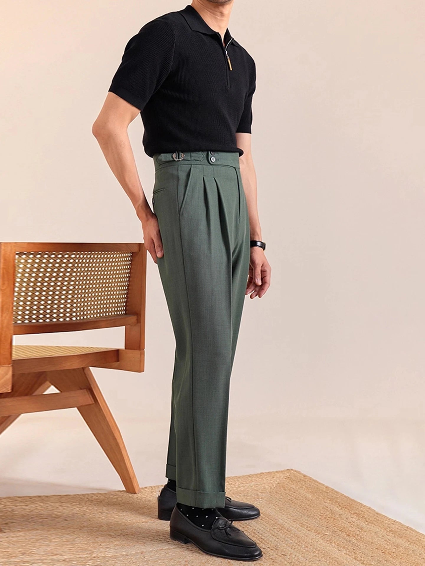 Italian British Style Men's Business Casual Double Pleat Paris Buttoning No Ironing Needed Naples High Waist Loose Fit Long P...
