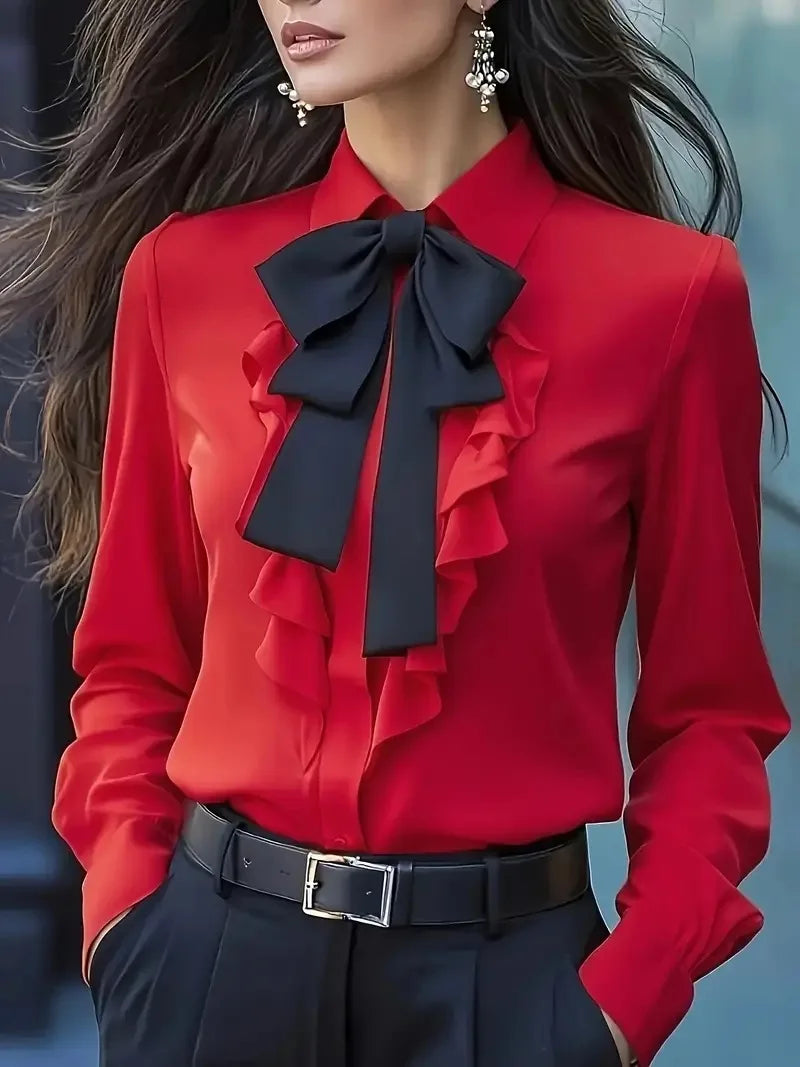 New Autumn Solid Color Lace-up Bow Ruffle Design Shirt For Women Vintage Long Sleeve Blouse White Shirt Autumn Female Clothing
