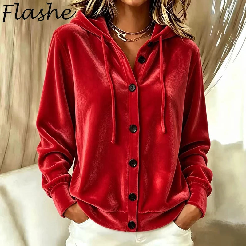 Autumn Winter Velvet Hoodies Sweatshirt Women Jacket Coat Red Button Cardigan Female Casual Long Sleeve Hooded Coats