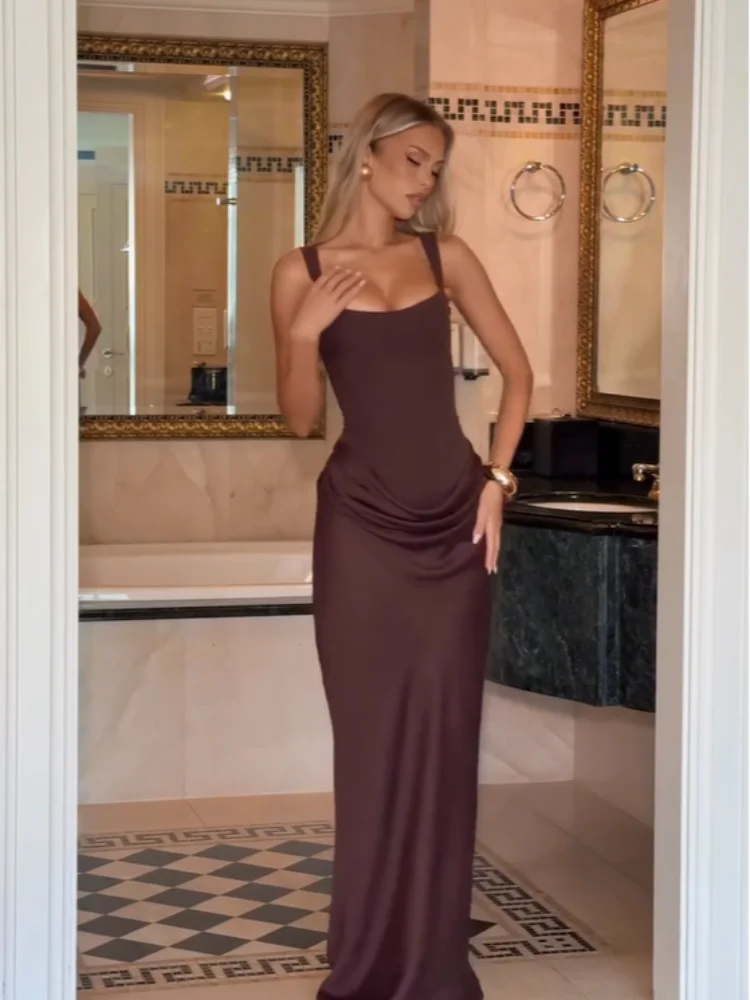 Sexy Solid Pleated Sling Dress Women Square Neck Sleeveless Off-shoulder Waist Cinching Slim Dresses Lady Evening Party Gowns
