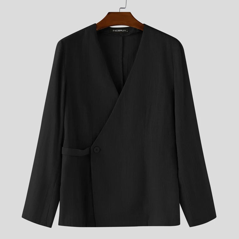 INCERUN Men Shirt Solid Color V Neck Long Sleeve One Button Male Shirts Streetwear 2025 Autumn Cotton Casual Men Clothing S-5XL