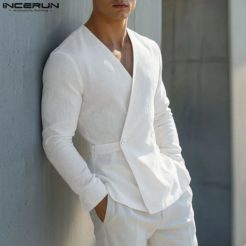 INCERUN Men Shirt Solid Color V Neck Long Sleeve One Button Male Shirts Streetwear 2025 Autumn Cotton Casual Men Clothing S-5XL