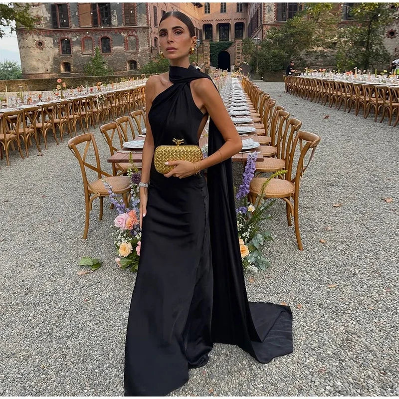 Satin Ribbon Long Dresses Women's Backless Casual Silk Dress Evening Wedding Guest Blue Green Black Yellow Red Pink Summer Prom