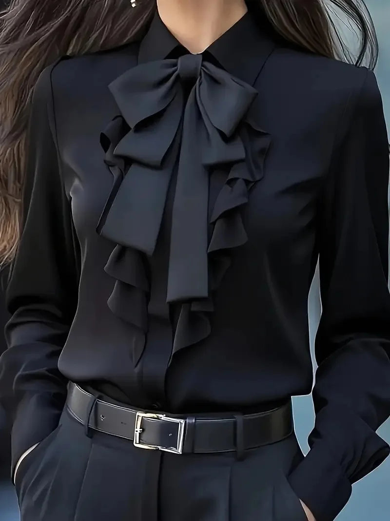 New Autumn Solid Color Lace-up Bow Ruffle Design Shirt For Women Vintage Long Sleeve Blouse White Shirt Autumn Female Clothing