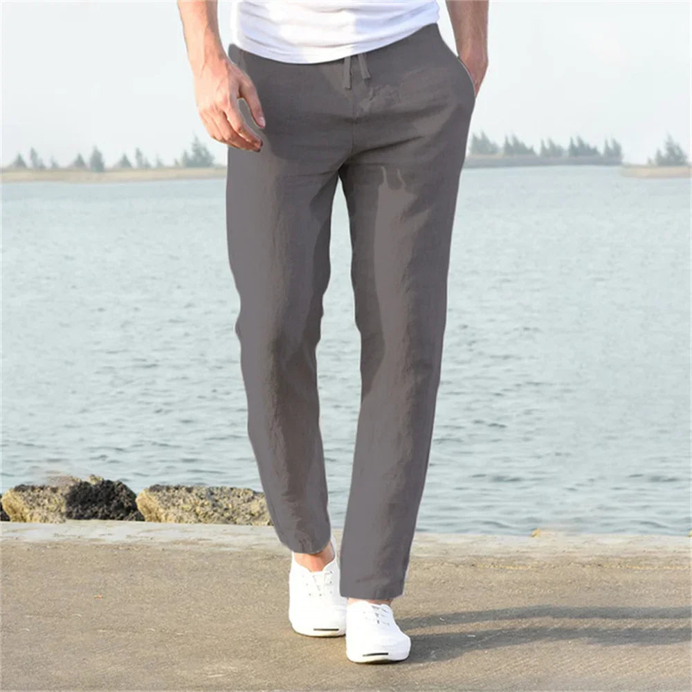 2025 Men's Stand Pocket Casual Linen Pants Solid White Gray Trouser Plus Size 3xl Mens Elegant Fashion Sweatpants Men Streetwear