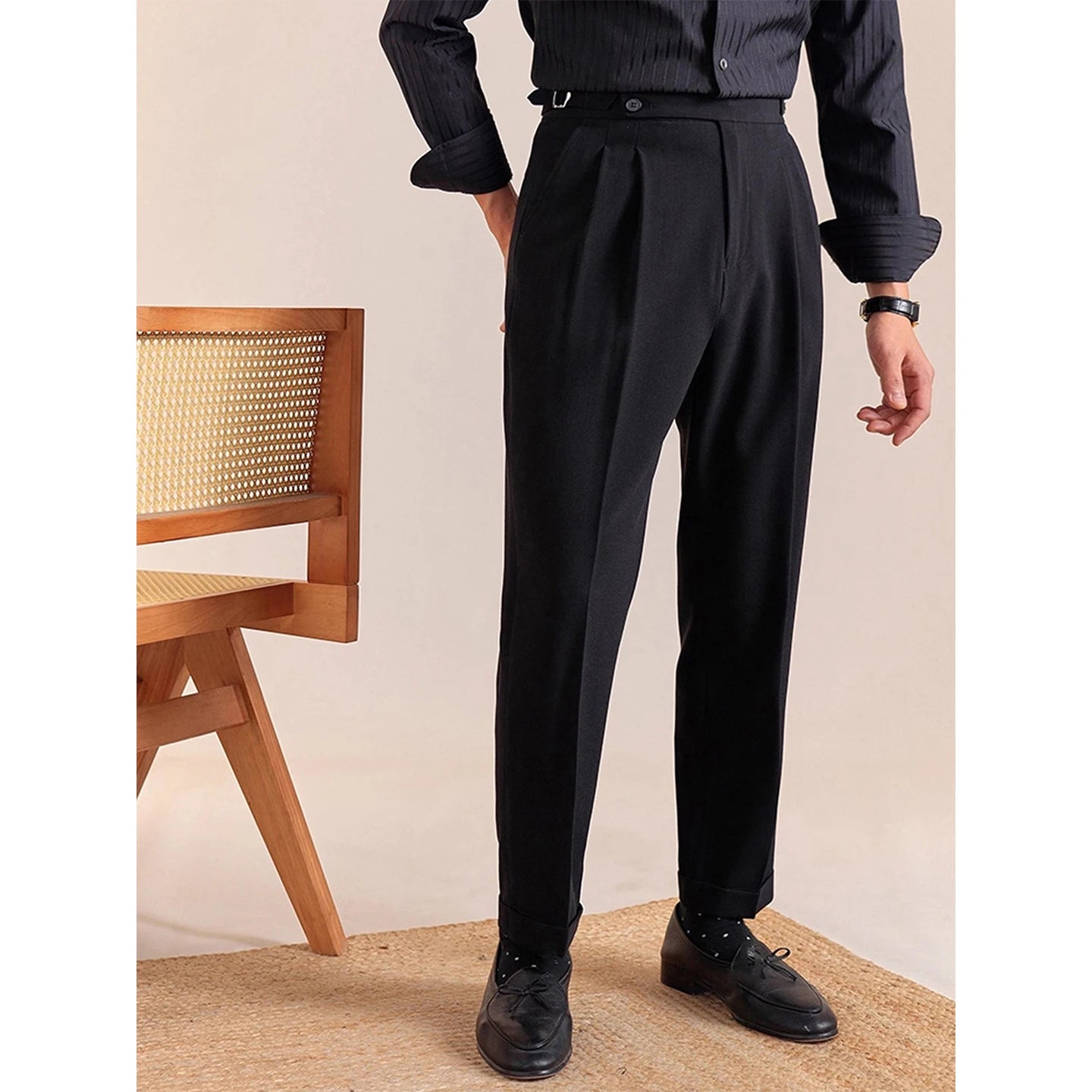 Italian British Style Men's Business Casual Double Pleat Paris Buttoning No Ironing Needed Naples High Waist Loose Fit Long P...