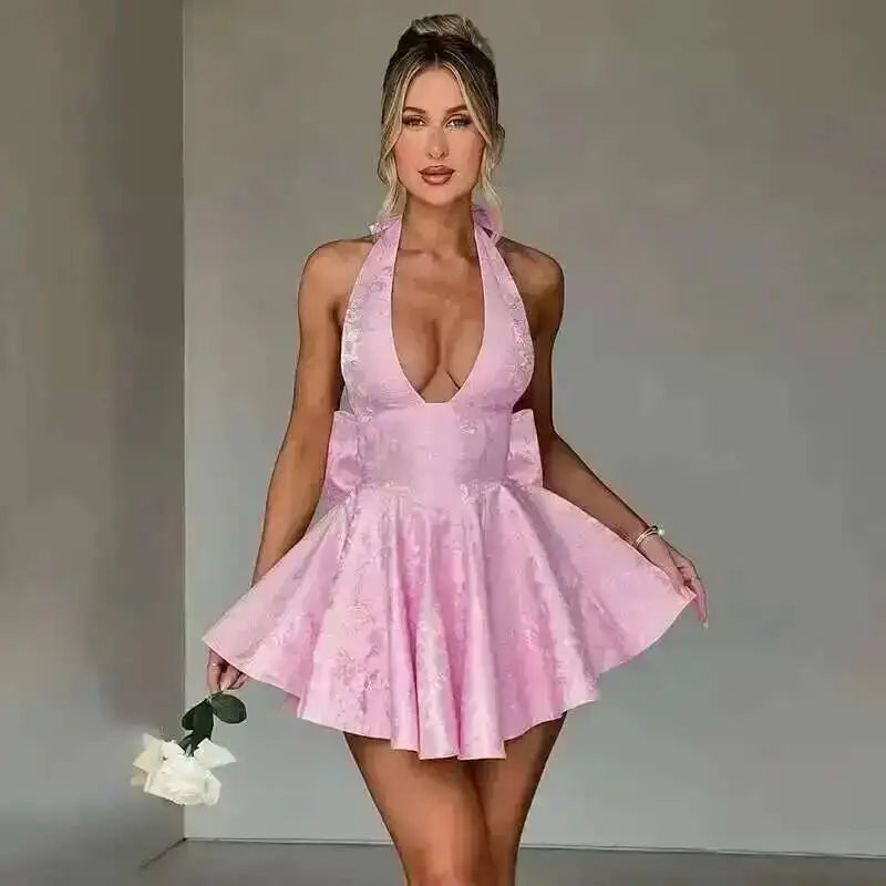 Townlike Jacquard Waist Wrap A-line Dress Women Mini 2024 Spring Summer Dress Elegant Bow Backless Sexy Party Dresses