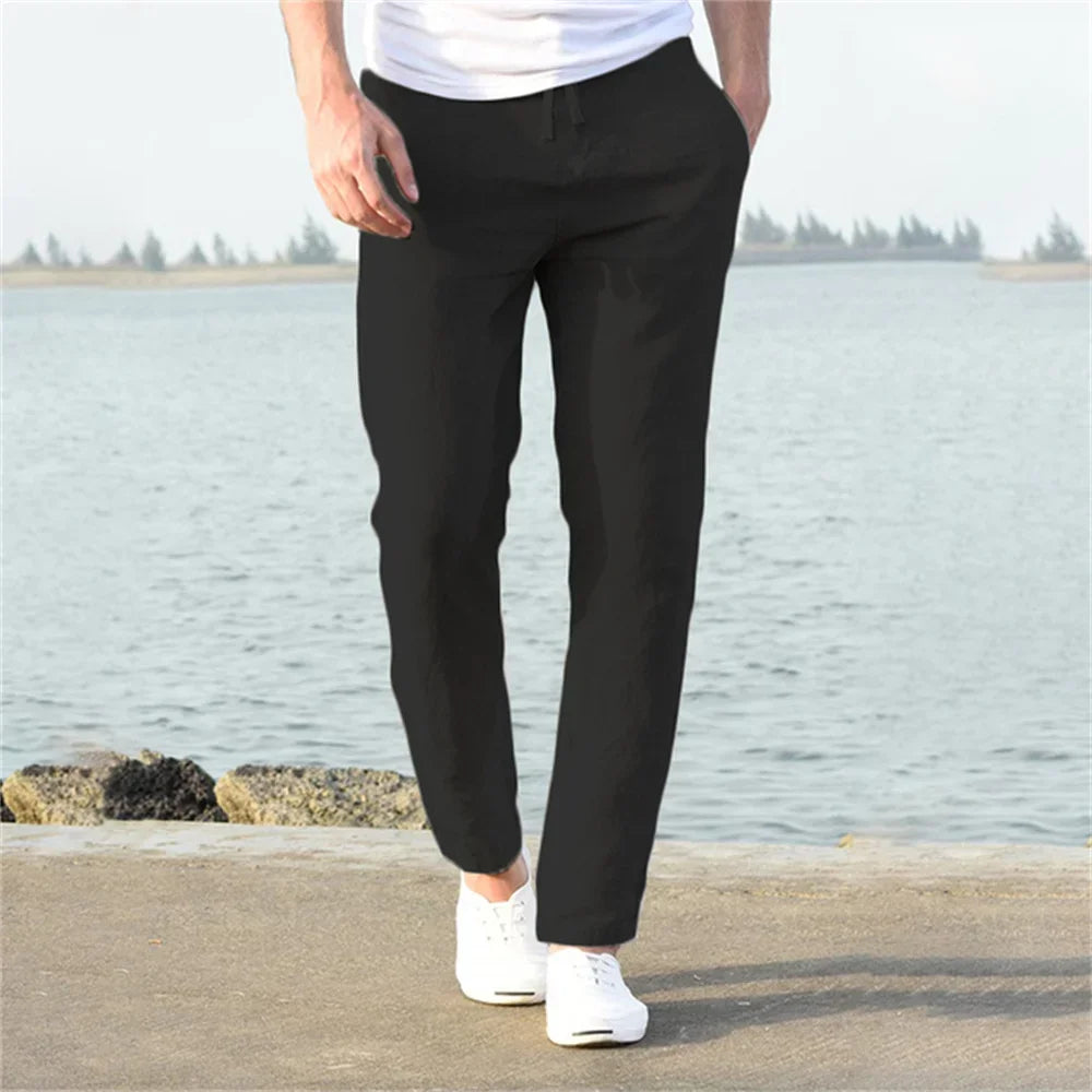 2025 Men's Stand Pocket Casual Linen Pants Solid White Gray Trouser Plus Size 3xl Mens Elegant Fashion Sweatpants Men Streetwear