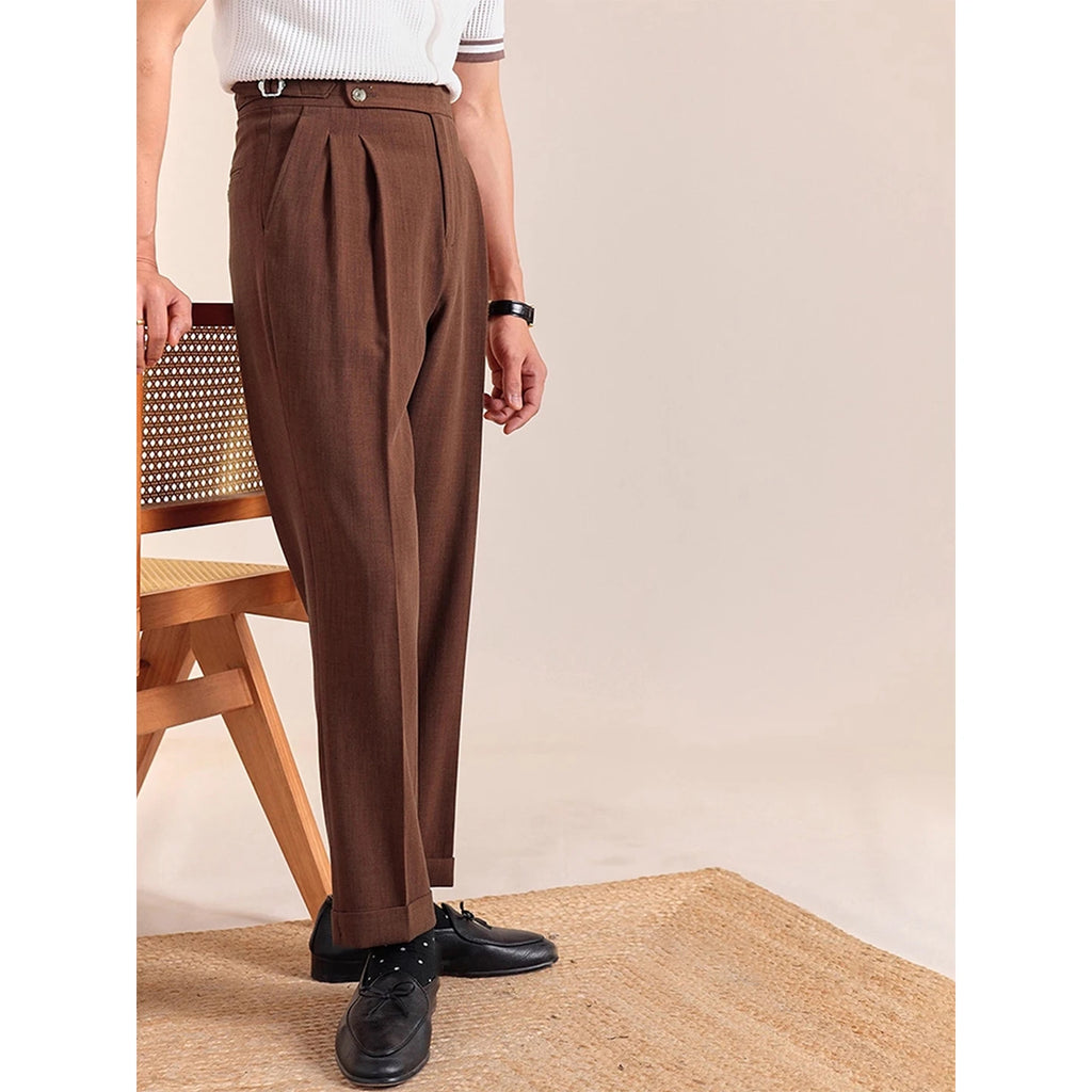 Italian British Style Men's Business Casual Double Pleat Paris Buttoning No Ironing Needed Naples High Waist Loose Fit Long P...