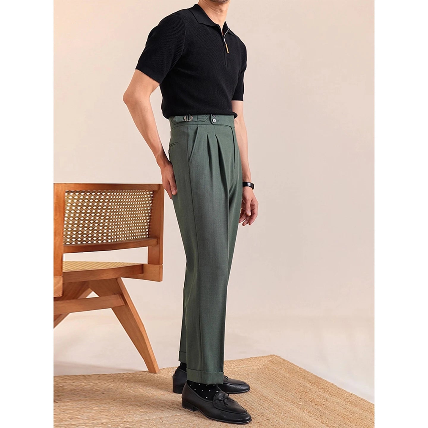 Italian British Style Men's Business Casual Double Pleat Paris Buttoning No Ironing Needed Naples High Waist Loose Fit Long P...