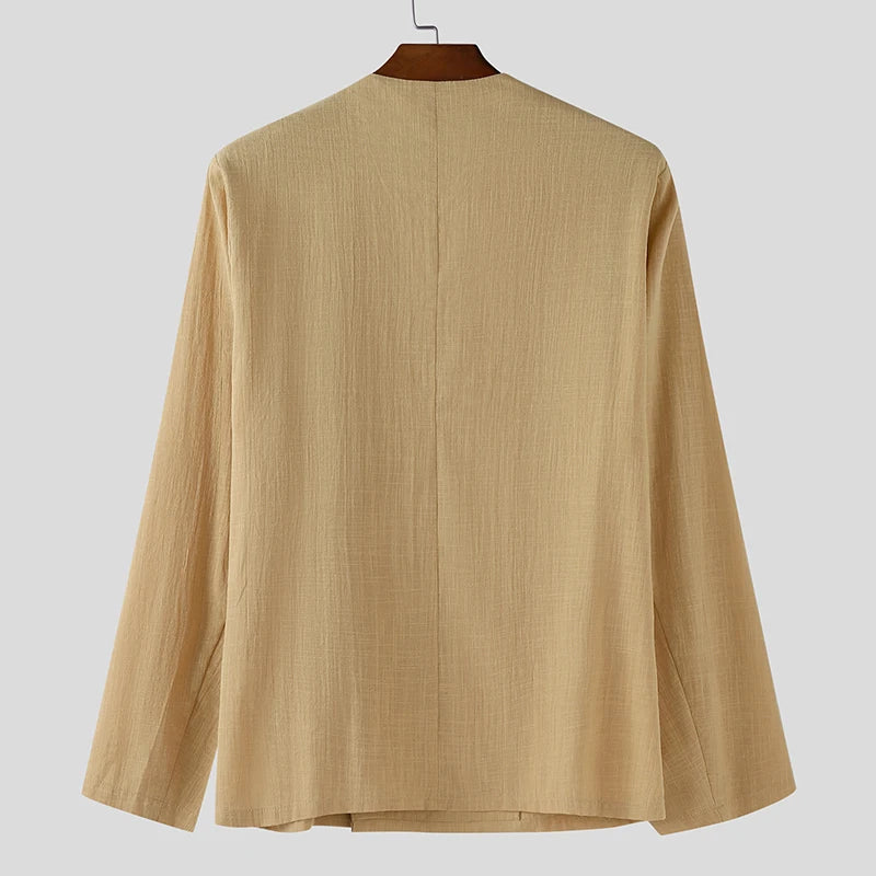 INCERUN Men Shirt Solid Color V Neck Long Sleeve One Button Male Shirts Streetwear 2025 Autumn Cotton Casual Men Clothing S-5XL