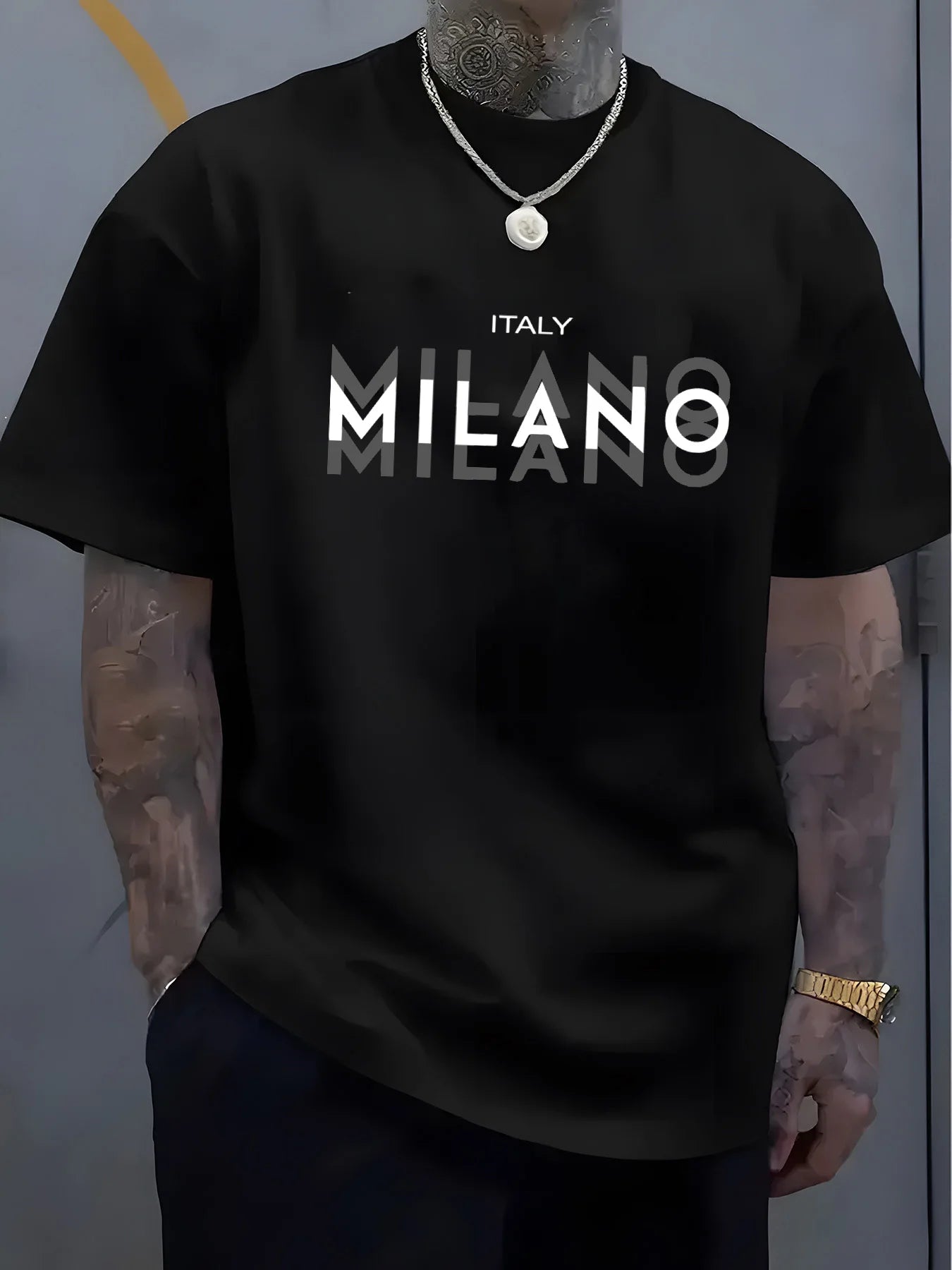Summer men's 100% pure cotton casual loose fit plus size ITALY MILANO printed comfortable round neck short sleeved T-shirt top