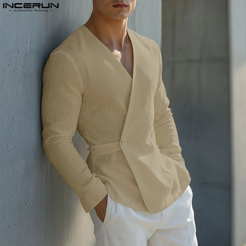 INCERUN Men Shirt Solid Color V Neck Long Sleeve One Button Male Shirts Streetwear 2025 Autumn Cotton Casual Men Clothing S-5XL
