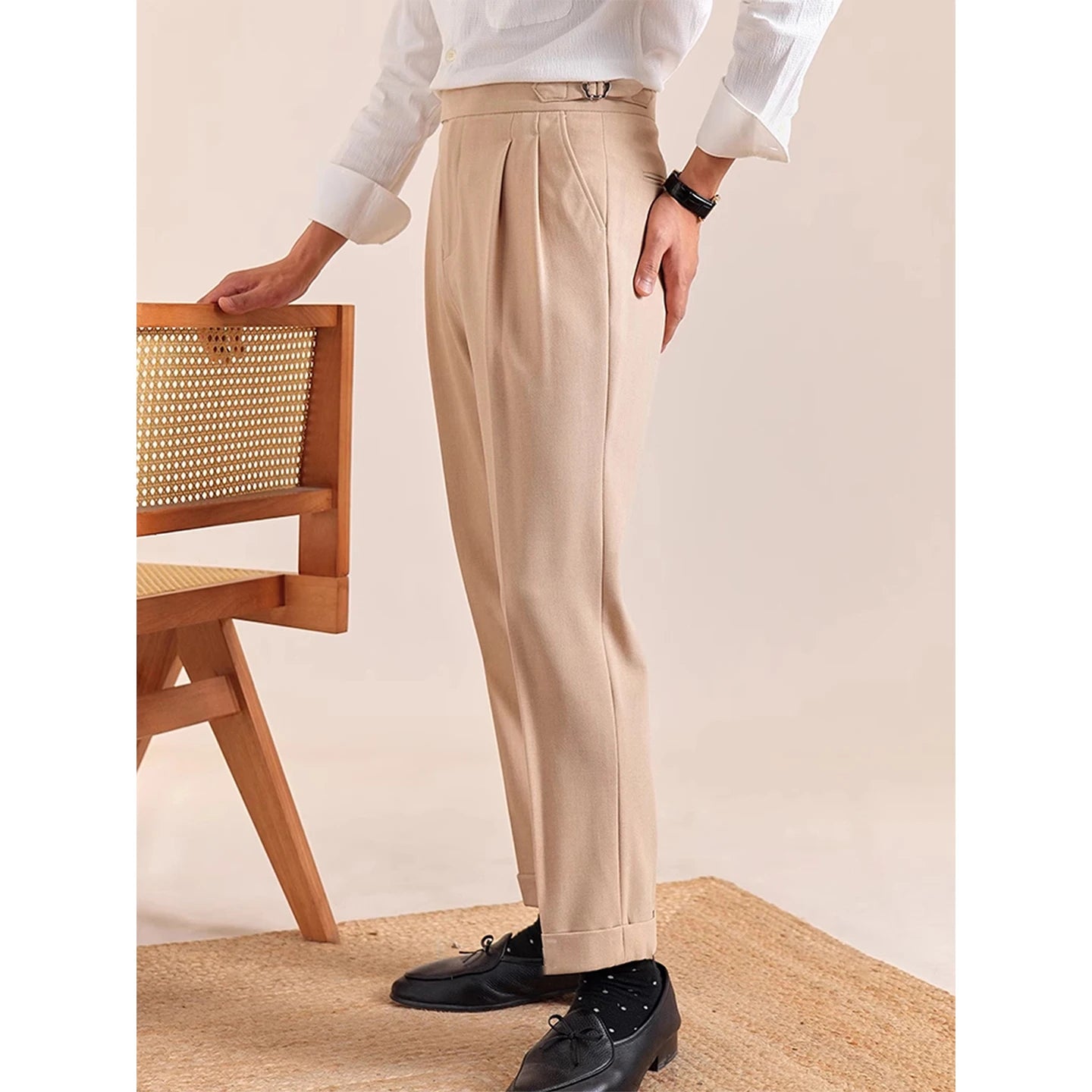 Italian British Style Men's Business Casual Double Pleat Paris Buttoning No Ironing Needed Naples High Waist Loose Fit Long P...
