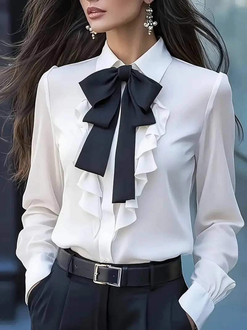 New Autumn Solid Color Lace-up Bow Ruffle Design Shirt For Women Vintage Long Sleeve Blouse White Shirt Autumn Female Clothing