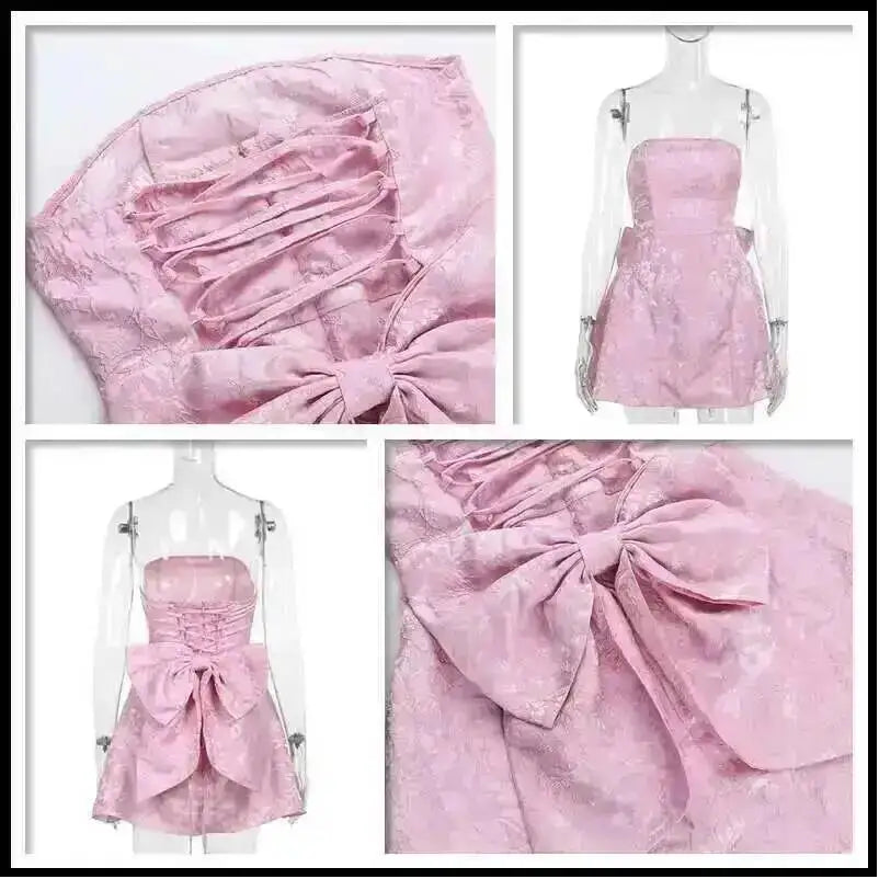 Townlike Jacquard Waist Wrap A-line Dress Women Mini 2024 Spring Summer Dress Elegant Bow Backless Sexy Party Dresses