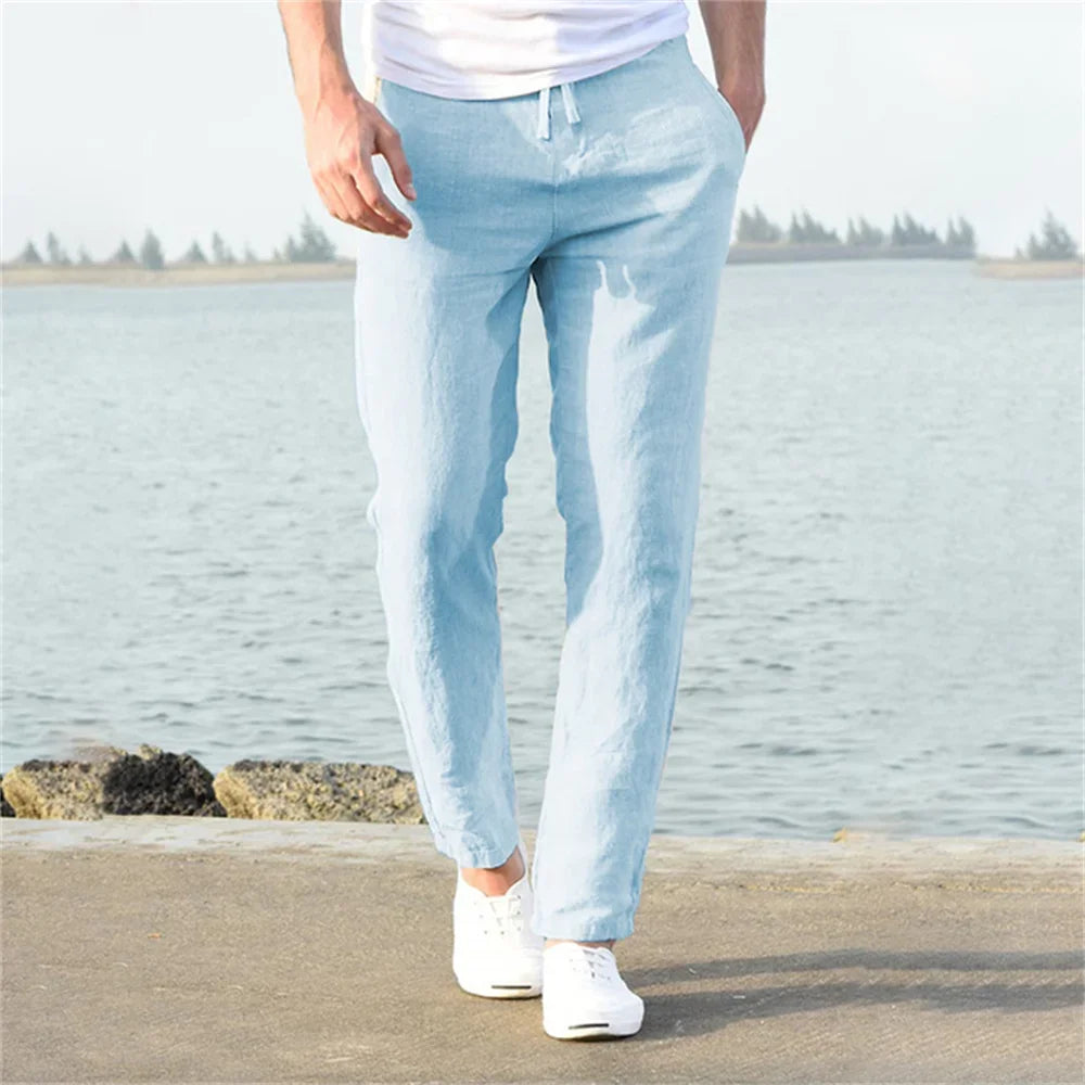 2025 Men's Stand Pocket Casual Linen Pants Solid White Gray Trouser Plus Size 3xl Mens Elegant Fashion Sweatpants Men Streetwear