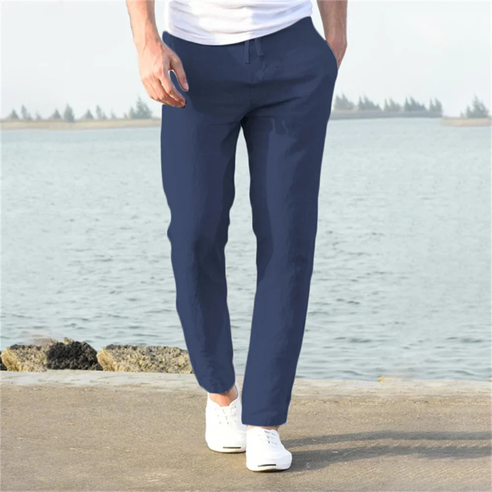 2025 Men's Stand Pocket Casual Linen Pants Solid White Gray Trouser Plus Size 3xl Mens Elegant Fashion Sweatpants Men Streetwear