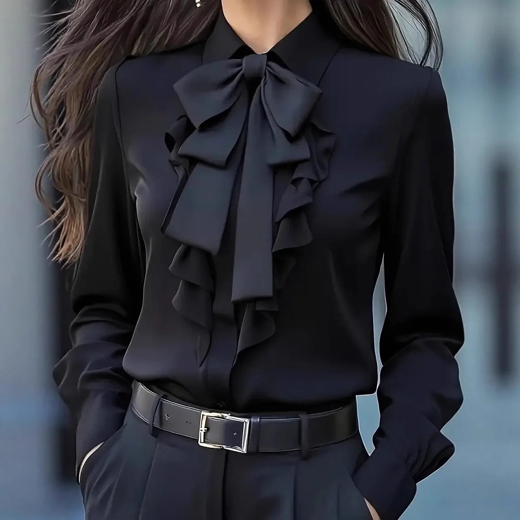 New Autumn Solid Color Lace-up Bow Ruffle Design Shirt For Women Vintage Long Sleeve Blouse White Shirt Autumn Female Clothing