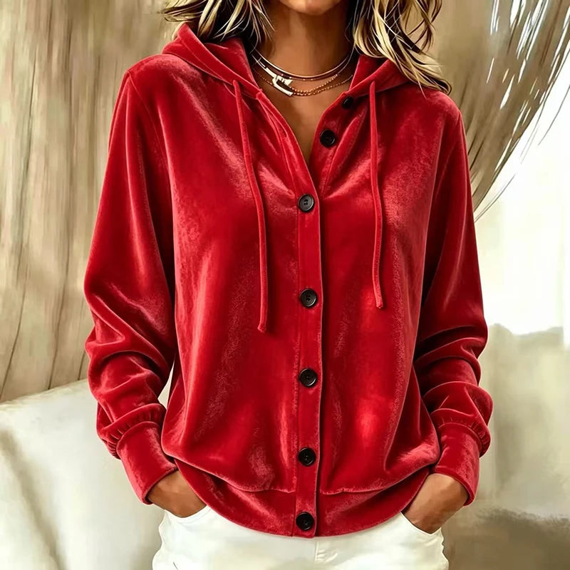 Autumn Winter Velvet Hoodies Sweatshirt Women Jacket Coat Red Button Cardigan Female Casual Long Sleeve Hooded Coats