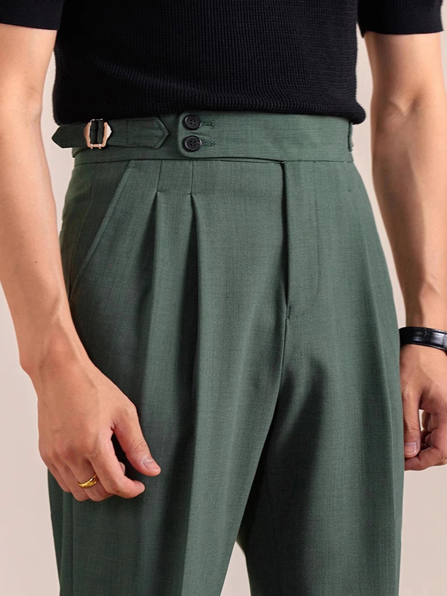 Italian British Style Men's Business Casual Double Pleat Paris Buttoning No Ironing Needed Naples High Waist Loose Fit Long P...