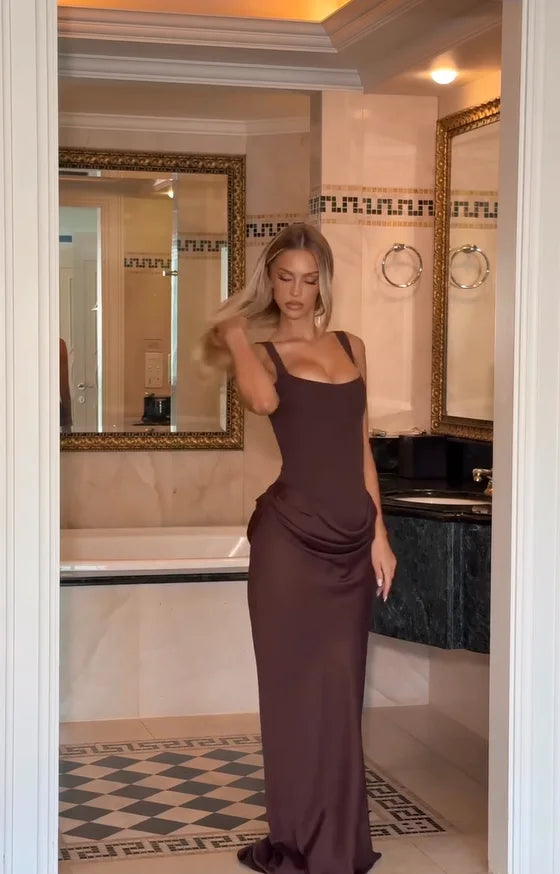 Sexy Solid Pleated Sling Dress Women Square Neck Sleeveless Off-shoulder Waist Cinching Slim Dresses Lady Evening Party Gowns