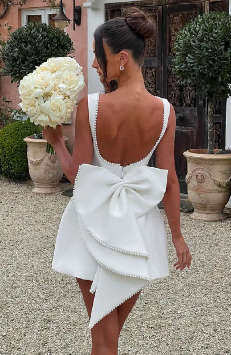 Chic Pearl Bow Short Dress for Women Backless Casual Mini Dresses White Black Pink Wedding Guest Summer Bridesmaid Robe Birthday