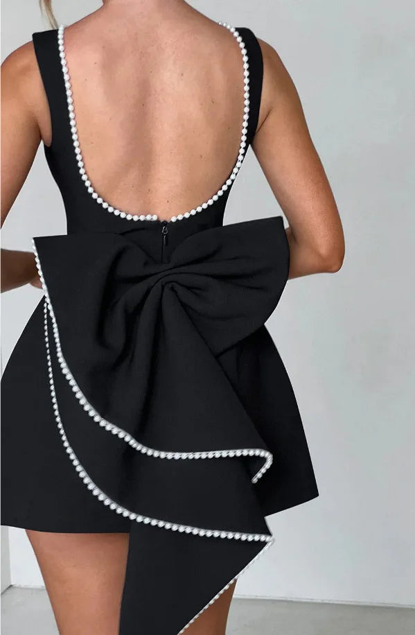 Chic Pearl Bow Short Dress for Women Backless Casual Mini Dresses White Black Pink Wedding Guest Summer Bridesmaid Robe Birthday