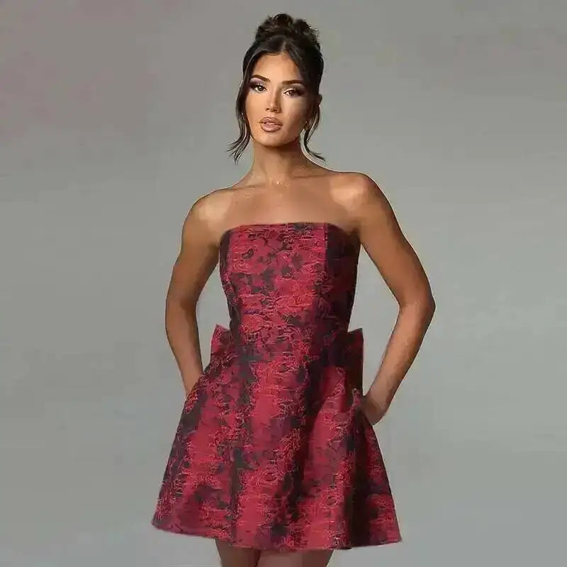 Townlike Jacquard Waist Wrap A-line Dress Women Mini 2024 Spring Summer Dress Elegant Bow Backless Sexy Party Dresses