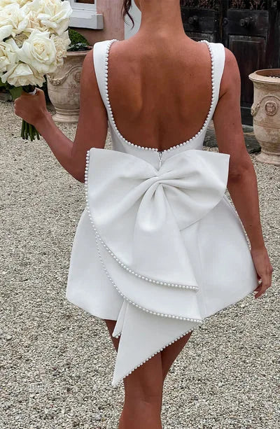 Chic Pearl Bow Short Dress for Women Backless Casual Mini Dresses White Black Pink Wedding Guest Summer Bridesmaid Robe Birthday