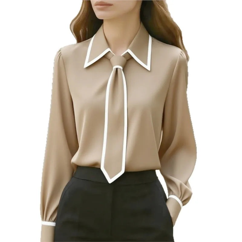 Women's Blouse Fashion Shirt Formal Bow Tie Long-sleeve Contrasting Trim Tops Slim-fit Workwear Elegant Office Lady Shirts Women