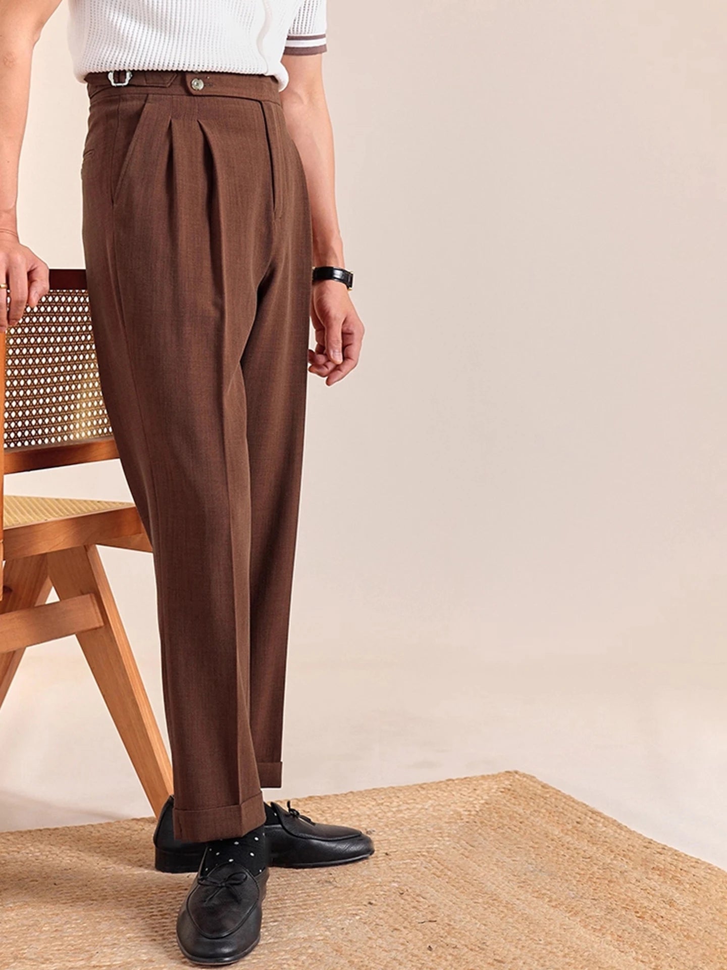 Italian British Style Men's Business Casual Double Pleat Paris Buttoning No Ironing Needed Naples High Waist Loose Fit Long P...