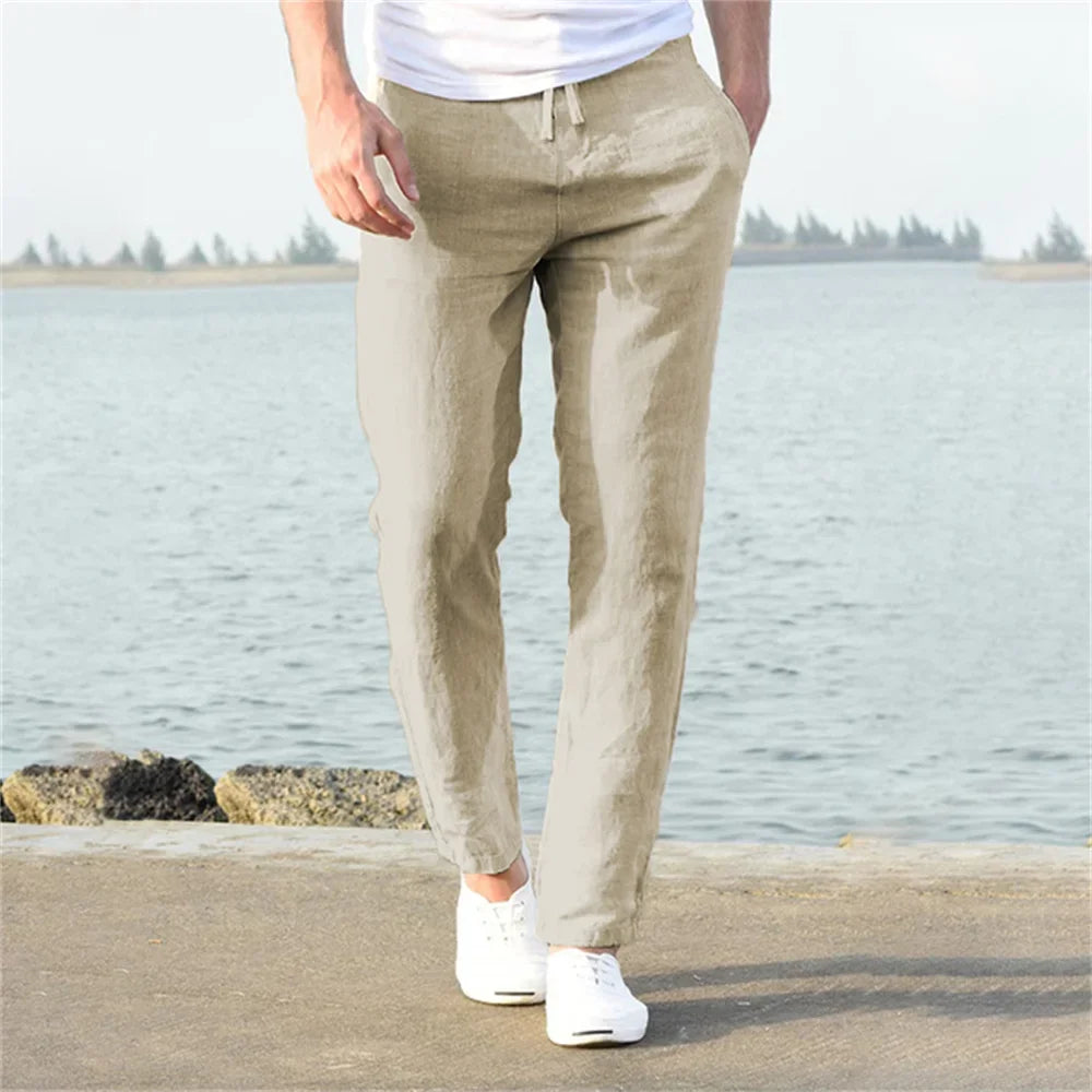 2025 Men's Stand Pocket Casual Linen Pants Solid White Gray Trouser Plus Size 3xl Mens Elegant Fashion Sweatpants Men Streetwear