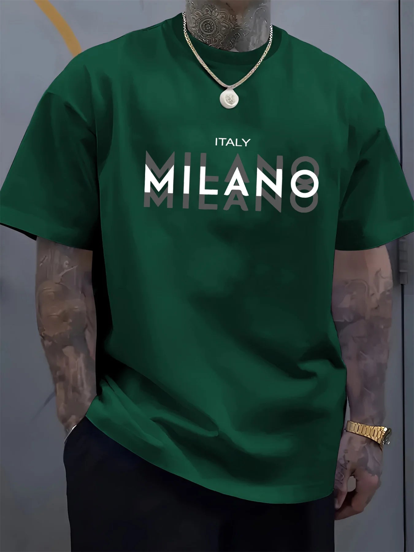 Summer men's 100% pure cotton casual loose fit plus size ITALY MILANO printed comfortable round neck short sleeved T-shirt top