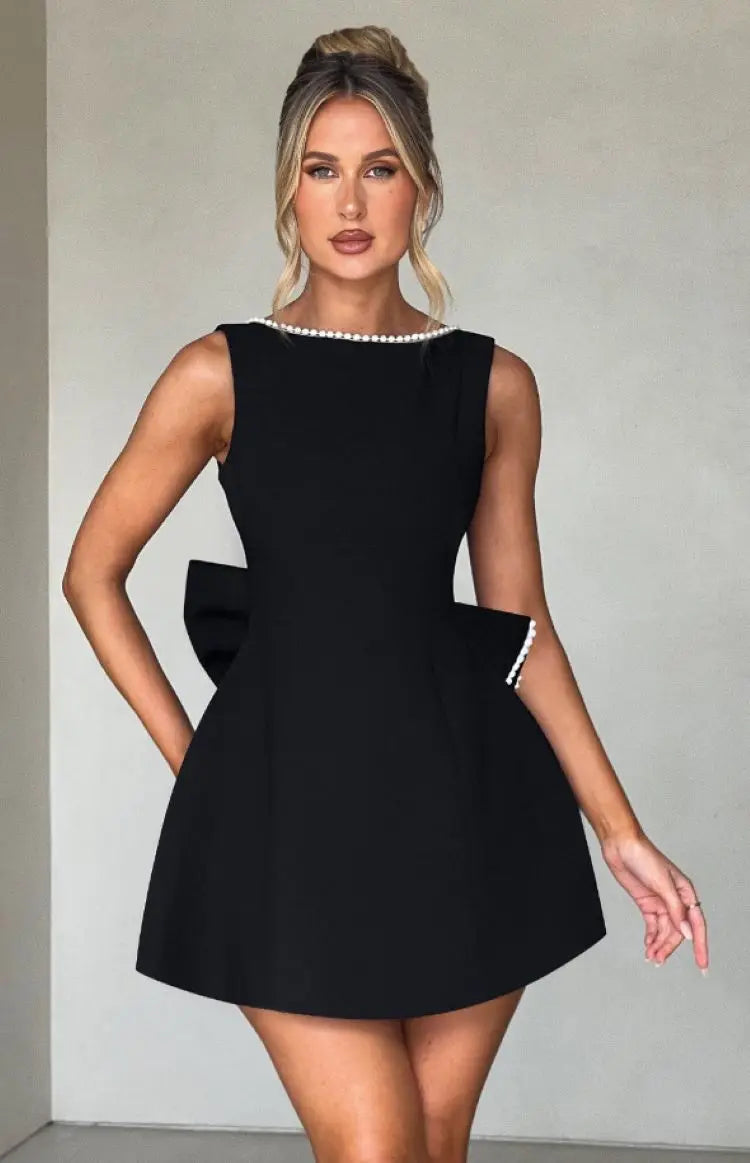 Chic Pearl Bow Short Dress for Women Backless Casual Mini Dresses White Black Pink Wedding Guest Summer Bridesmaid Robe Birthday
